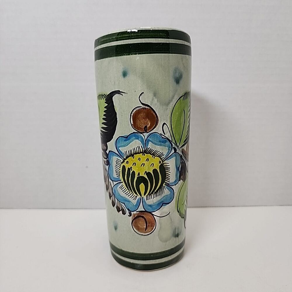 Vtg Hand Painted Mexican Pottery Tonala Floral 6.5" Cylinder Vase, Signed CAT